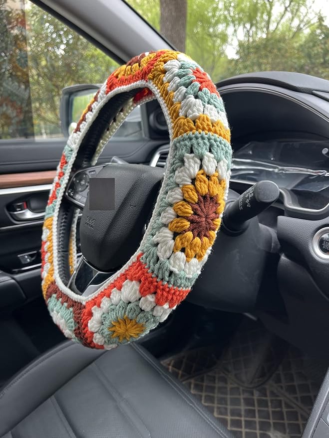 Steering Wheel Cover,Handmade Crochet Rainbow Sunflower Granny Square Steering Wheel Covers (Steering Wheel Cover+Crochet Strawberry)