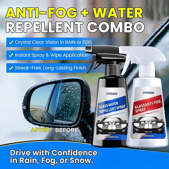 Water Repellent & Anti Fog Spray for Car Windscreen, Windows, Mirrors, Goggles, Helmets - Waterproof Defogger Spray for Automotive Glasses - Pack of 2