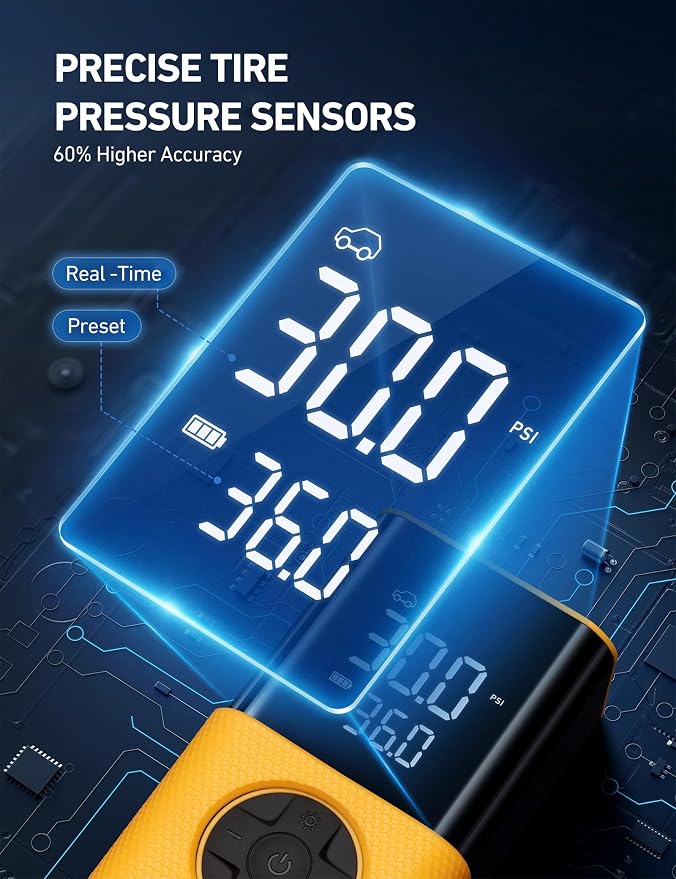 L7S Tire Inflator Portable Air Compressor Cordless with Digital Pressure Gauge, 150 PSI LED Light Bike Air Pump with Fast Inflation & Auto Shut-Off for Car Tires,Motorcycles,Bikes,Balls,Yellow