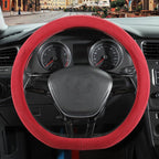 Red Suede D Shaped Steering Wheel Cover, Breathable Non-Slip Sweat-Proof Wear-Resistant No Pilling, Warm in Winter and Cool in Summer, Universal 15 inch