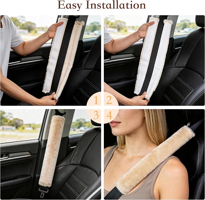 Soft Faux Fur Universal Fit Seatbelt Cover Car Truck SUV Airplane Seat Belt Shoulder Pad for Carmera Backpack Straps Neck Cushion Protector Extra Long 15.7in Beige