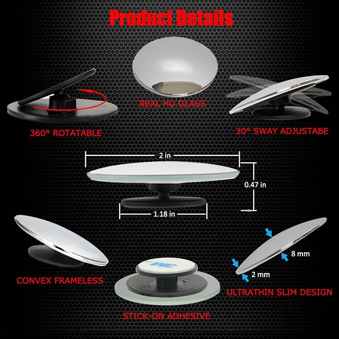 2" Round Blind Spot Mirrors, Adjustabe HD Glass Convex Wide Angle Rear View Car SUV Universal Fit Stick-On Lens, Pack of 4