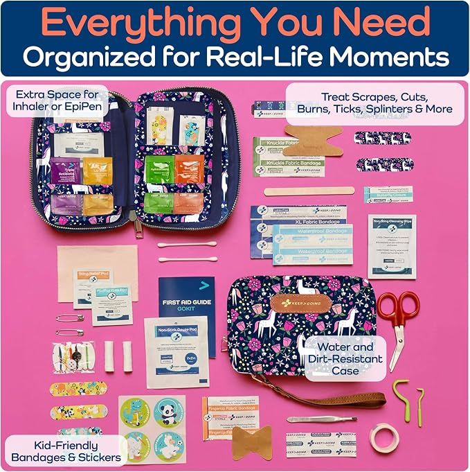 KeepGoing Travel First Aid Kit for Kids – 130 Pc. for Car, Home, Purse, Diaper Bag & Backpack with Latex-Free Bandages - Mini First Aid Kit Travel Size TSA-Approved