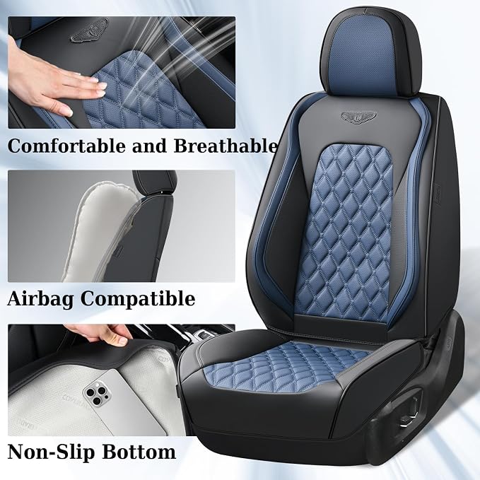 Coverado Universal Car Seat Covers Full Set, Sporty Non-Slip Waterproof Faux Leather Front & Rear Seat Protectors for Trucks SUVs, Mens Automotive Interior – BlackBlue
