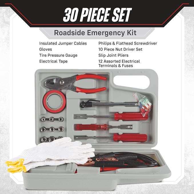 Roadside Emergency Car Kit - 30-Piece Road Trip Essentials Tool Set with Jumper Cables and Carrying Case for Car, Truck, or RV by (Gray/Red)