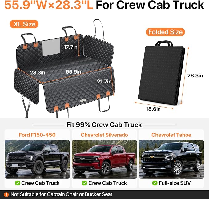 Doglike Dog Truck Seat Cover for Back Seat [with Detachable Mat], Hard Bottom Dog Hammock for Car, Pet Bed Extender for 2-4 Large Dogs, Waterproof Seat Protector, XL Size Fits for Crew Cab Truck/SUV
