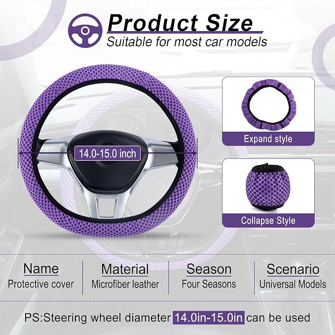 Elastic Stretch Steering Wheel Cover, Universal Interior Accessories Steering Wheel Cover for Women & Men, Breathable Microfiber Ice Silk, Anti-Slip, Odorless, Easy Carry(Purple)