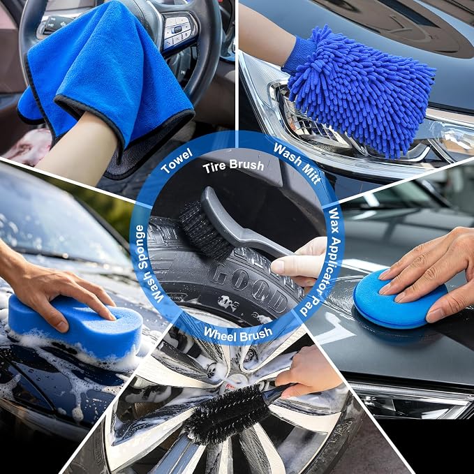 Car Wash Detailing Kit Cleaning Set with Foam Gun Sprayer, Long-Handle Brush, Large Wash Mitt, Towels, Complete Interior & Exterior Car Washing Supply Set (Blue)