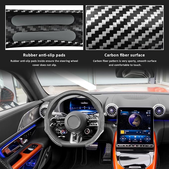 Sun Walker Carbon Fiber Car Steering Wheel Cover, 15" Anti-Slip Wear-Resistant Steering Wheel Protector Stylish Interior Decor, Ultra-Thin Comfortable Leather Wheel Cover for Women Men (Silver)