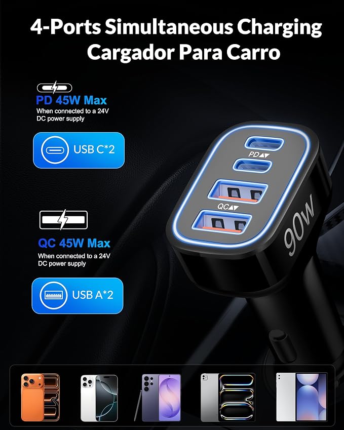 90W 4Port Fast USBC Car Phone Charger Cigarette Lighter USB Charger Adapter | PD/PPS/QC Super Fast Charging, 12-24V USB Outlet, Car Accessories for iPhone 17 16 15 Galaxy Android,Family Travel Essentials