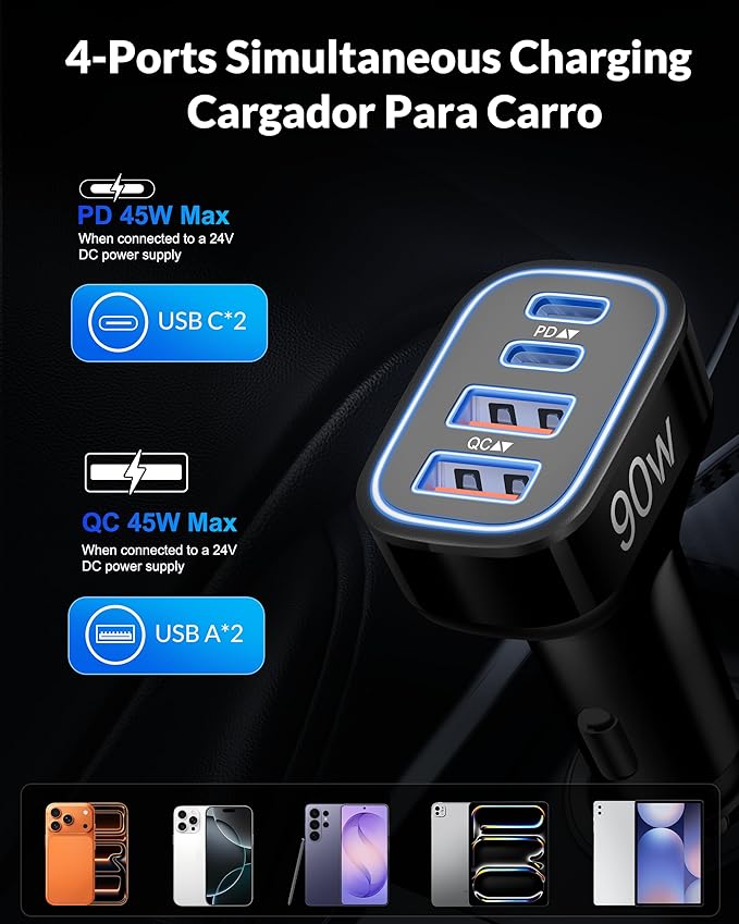 2-Pack USB C Car Charger 90W 4-Port Cigarette Lighter Adapter Accessories | PD/PPS/QC Super Fast Charging,12-24V USB Outlet,Multiport Car Phone Charger for iPhone/Galaxy/Tablet,Family Travel Essentials