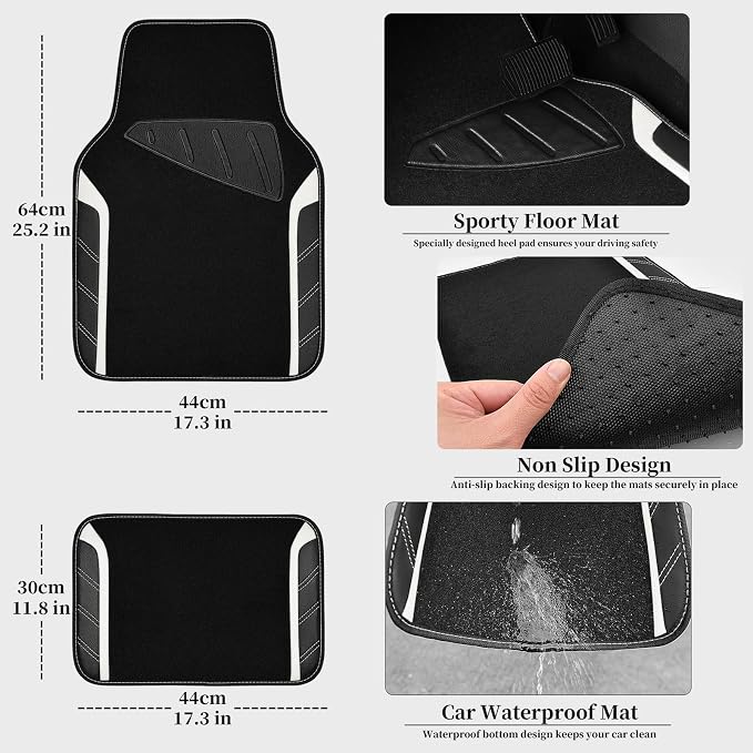 Leather Steering Wheel Cover and Waterproof Car Floor Mats, Microfiber Universal Car Combo Fit for 95% Sedan SUV Van,14.5-15 inch Sporty Anti-Slip Safety Comfortable Design, Black＆White
