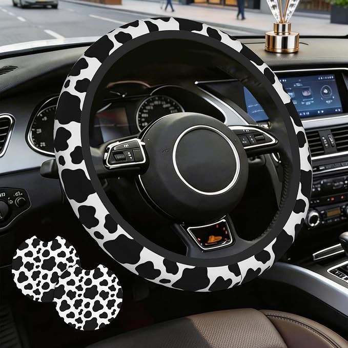 Cow Print Steering Wheel Cover with 2 PCS Cup Coasters for Car,Black and White Cow Print 15 Inch Non-Slip Neoprene Steering Wheel Covers,Breathable Car Accessories Fit for Men Women