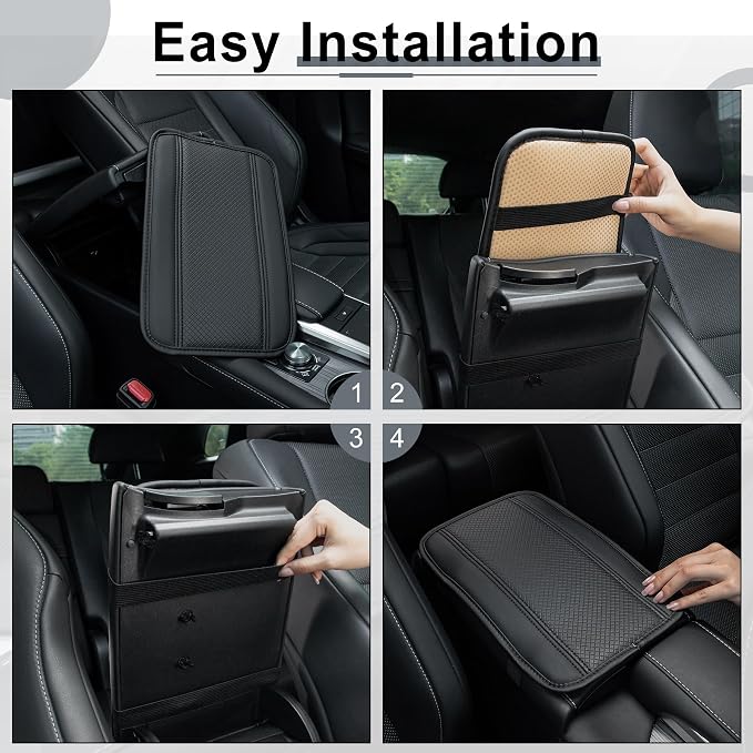 Car Center Console Cover, Upgraded Leather Car Armrest Cushion, Universal Waterproof Cushion Pad, Non-Slip Car Interior Accessories, Fits Most Sedans SUVs Trucks (Black Line)