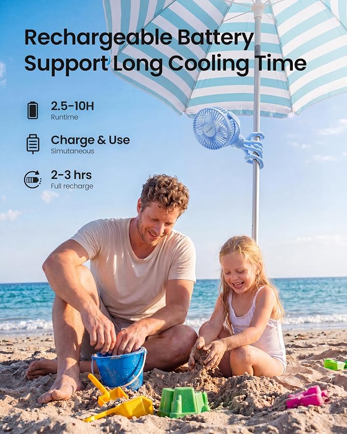 Mini Portable Stroller Fan, Battery Operated Small Clip on, Detachable 3 Speed Rechargeable, 360° Rotate Flexible Tripod Better Cooling for Car Seat Crib Treadmill Travel Blue