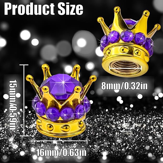 4PCS Crown Bling Tire Stem Valve Caps, Crystal Diamond Car Wheel Tire Valve Caps Universal Copper Core Stem Covers for Cars, SUV, Trucks, Bikes, Motorcycles, Bicycles (Gold & Purple)