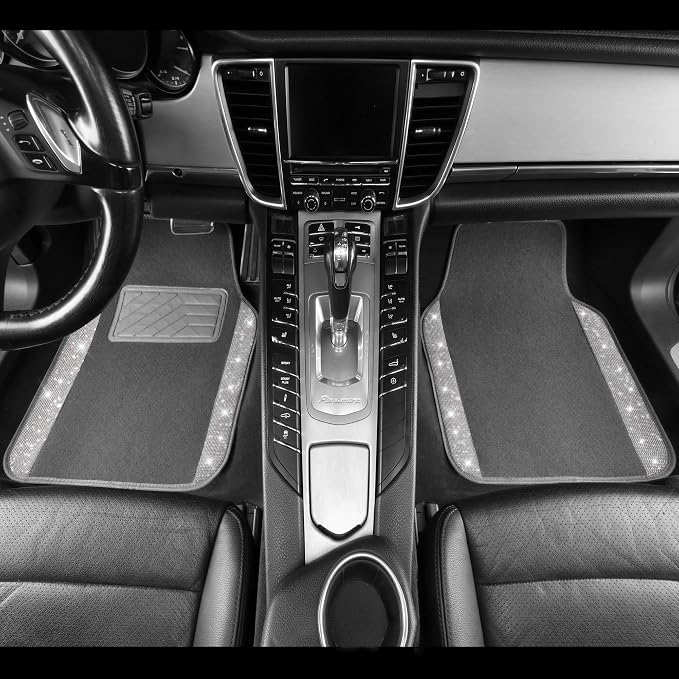 Bling Diamond Car Mats Shining Carpet Crystal Rhinestones Sparkly Glitter Floor Mats with Anti-Slip PVC Heel Pad Universal Fit for Automotive SUV, Sedan, Car, Van, 4pcs for Girl Women, Gray