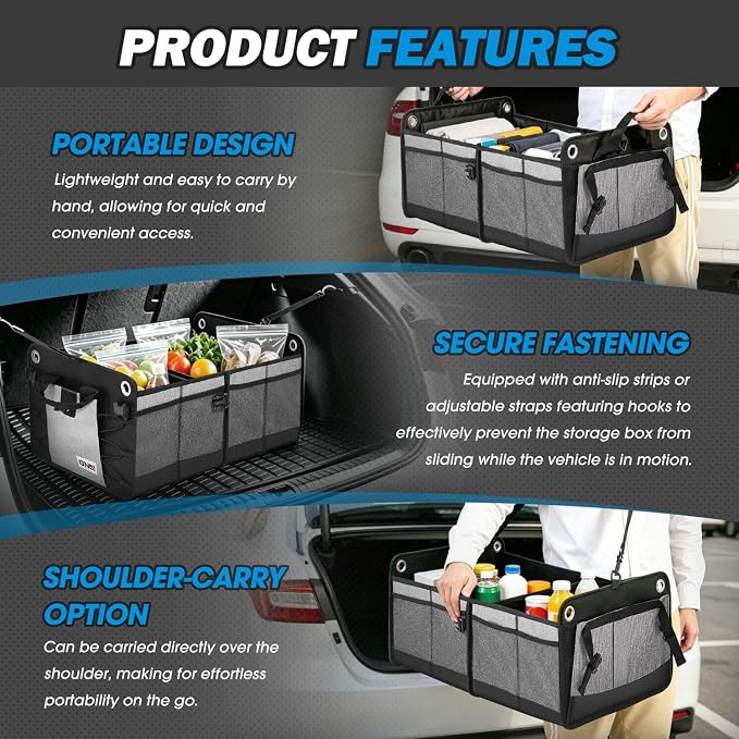Trunk Organizer for SUV, Large Capacity Car Organizer and Storage with 2 Compartment, Foldable Trunk Organizer for Car, 70L Grey