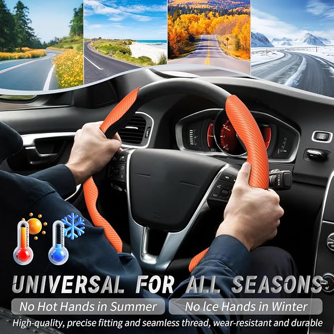 2pcs Car Steering Wheel Cover,Anti-Skid Carbon Fiber Steering Wheel Protector for Men Women,Multiple Color Options,Universal for Most Car Interiors Accessories (Orange)