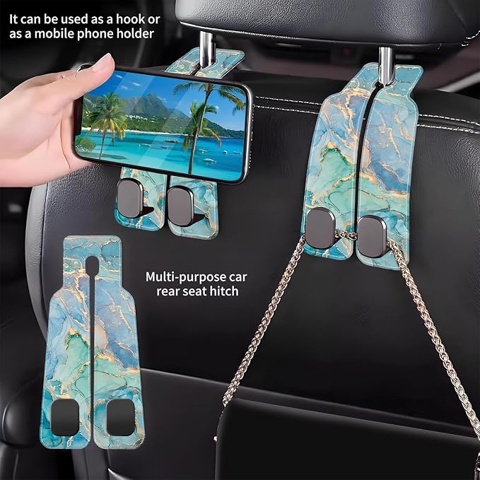 Car Seat Headrest Hooks for Purses and Bags Abstract Turquoise Golden Marble 1 Pack Bag Purse Holder for Car with Double Metal Hooks Car Purse Hanger Hanging Accessories
