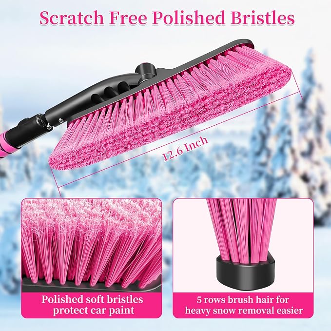 51 Inch Snow Brush for Trucks, Extendable Long Handle Ice Scraper with Brush with Foam Grip, SUV Heavy Duty Snow Brush with Ice Scraper for Car Auto RV Vehicle Windshield Window - Pink