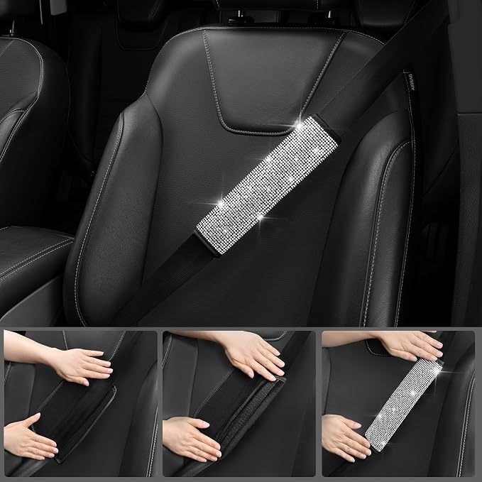 Leather Bling Seat Covers Full Sets 16 pcs, Bling Diamond Car Accessories Set for Women, Sparkly Rhinestone Steering Wheel Cover, Glitter Cute Car Interior Sets for Women Girl, Silver Diamond