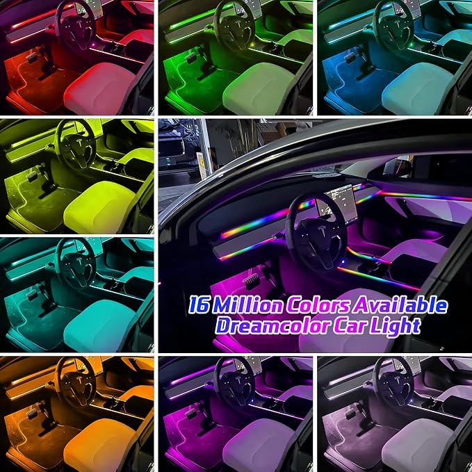 Tesla Dreamcolor Interior Car Lights, Tesla Car Accessories 9 in 1 Car LED Strip Lights with APP Control and 213 Modes, 175 inches 593 LEDs Acrylic Fiber Optic Lights, RGB Neon Car Lighting
