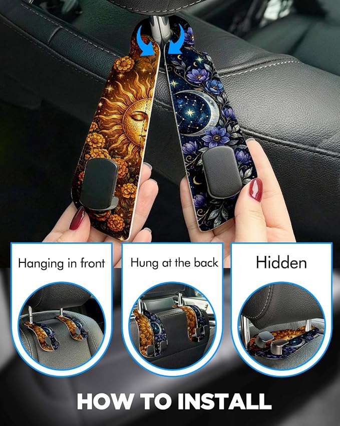 Purse Holder for Car, 2 Pack Heavy Duty Purse Hanger for Car, PU Leather Car Seat Hooks for Purses and Bags, Cute Sun Moon Headrest Organizer for Handbags & Backpacks
