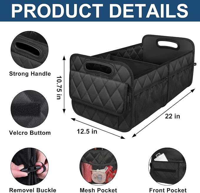Car Trunk Organizer for SUV, Car Organizers and Storage with Reinforced Handles, Car Accessories for Women/Men 50LWaterproof Polyester Trunk Organizer, Black