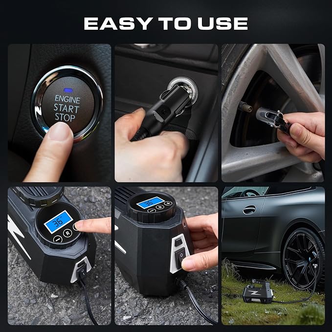 Tire Inflator Portable Air Compressor, 12V DC Car Air Pump with Auto Shutoff, 150 PSI Digital Gauge, LED Light, Metal Valve Connector, Accessories for Cars, Large, Sliver