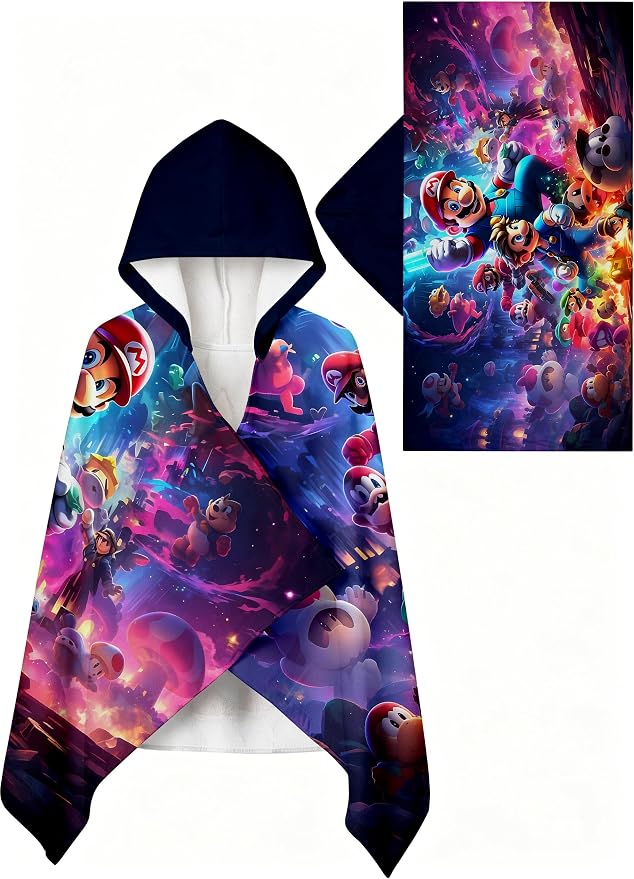 Mario Soft Cotton Terry Hooded Towel Wrap, Cartoon Character Hooded Poncho Towel for Bath Pool Beach, 28 in x 55 in