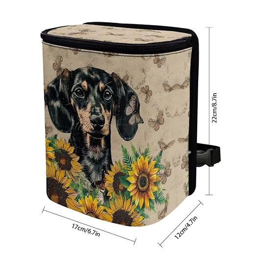 Dachshund Sunflower Butterfly Print Car Trash Can with Lid, Leak Proof Auto Trash Bag Hanging Vehicle Garbage Can Multipurpose Storage Container for Back Seat Road Trip