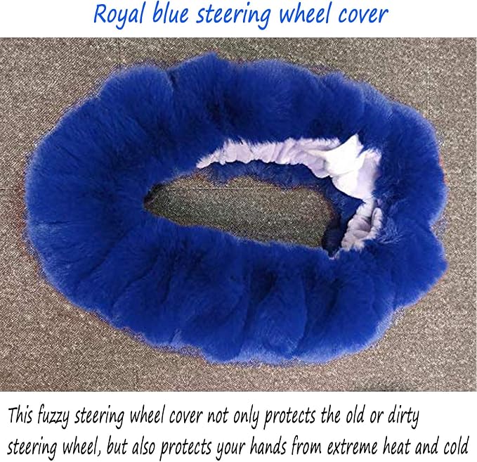 Fluffy Steering Wheel Cover for Women Fuzzy Steering Wheel Cover Winter Warm Faux Wool Plush Car Wheel Cover Furry Steering Wheel Protector Universal Fit 15 Inch (Blue)
