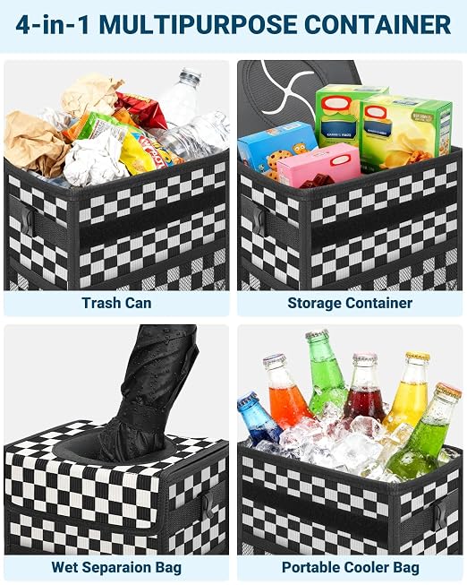 Car Trash Can with Lid, Leakproof Car Trash Bag Hanging Waterproof Automotive Garbage Can with Storage Pockets Mini Vehicle Trash Bin for Back/Front Seat(Black Square Grid,2.5 Gallon)