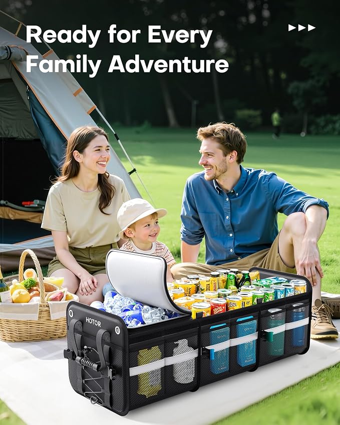Trunk Organizer - 3-Compartment Car Organizer and Storage with Cooler Bag, Foldable Car Storage Organizer for SUV with Handles & Strap for Shopping, Picnic, 33.1" x 13.0" x 11.8", Black