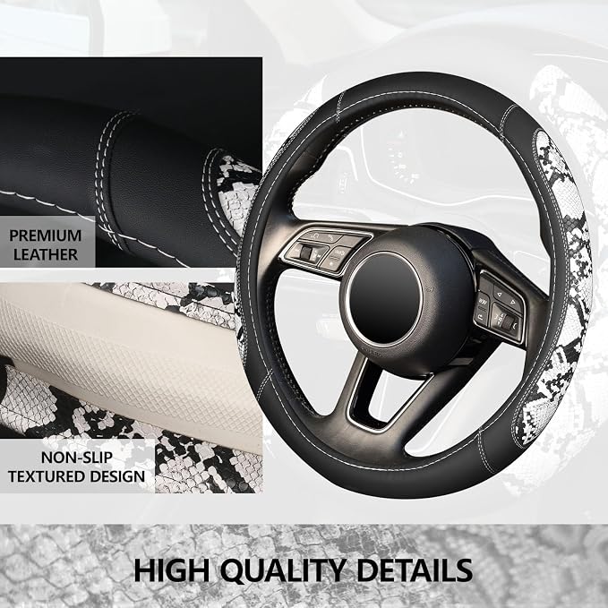 Snake Skin Leather Steering Wheel Cover,Black and White Animal Fur Car Accessory Steering Wheel Cover,Universal 14.5-15inch,Anti-Slip Car Steering Wheel Protector for Women Men