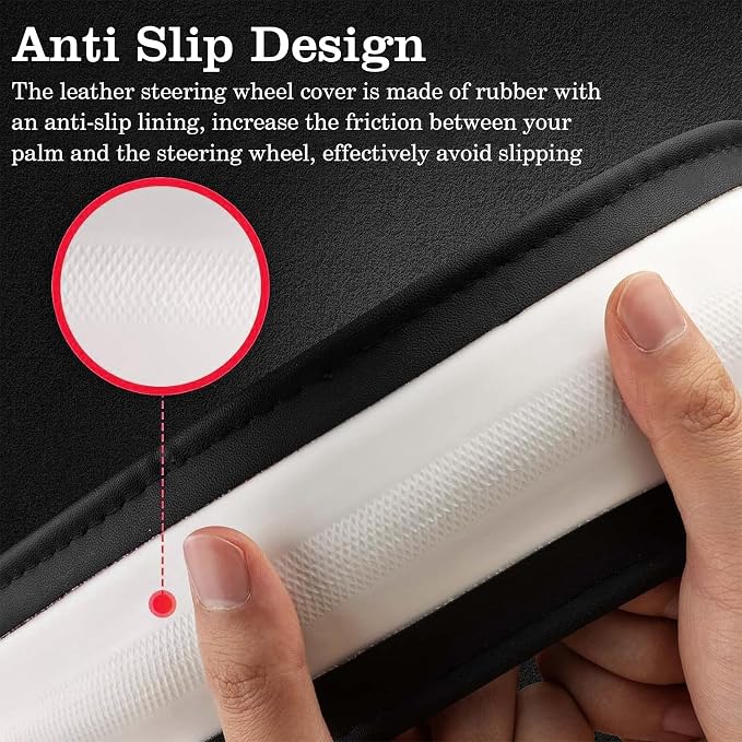 Wine Red Car Steering Wheel Cover, Nappa Leather, Bottom Color Blocking, Universal 14.5-15 Inch Leather Anti-Slip Breathable Auto Steering Wheel Covers for Men Women