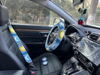 Handmade Crochet Sun and Moon Car Steering Wheel Covers Universal 14-15 inch for Women and Men (Wheel Covers+2belt Covers+2Car Coasters+Strawberry)