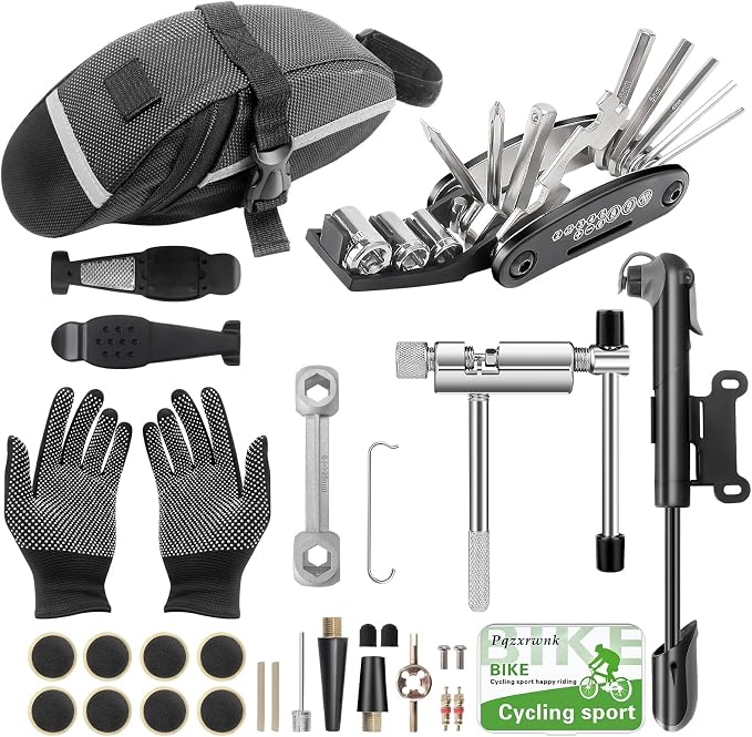 Bike Repair Kit, 27-Piece Bicycle Tire Repair Kit with 120 PSI Mini Pump, 16-in-1 Multitool, Tire Levers, Patches & Saddle Bag for Road & Mountain Bikes