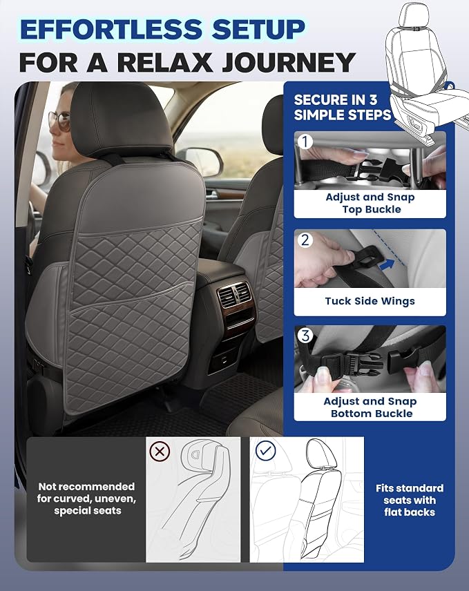 Seat Back Protectors for Kids, Car Kick Mats for Front Seats (Gray) | With Large Pocket Organizer, Waterproof, Protects Against Dirt, Scuffs & Scratches, Fits Most Vehicles, 2PCS