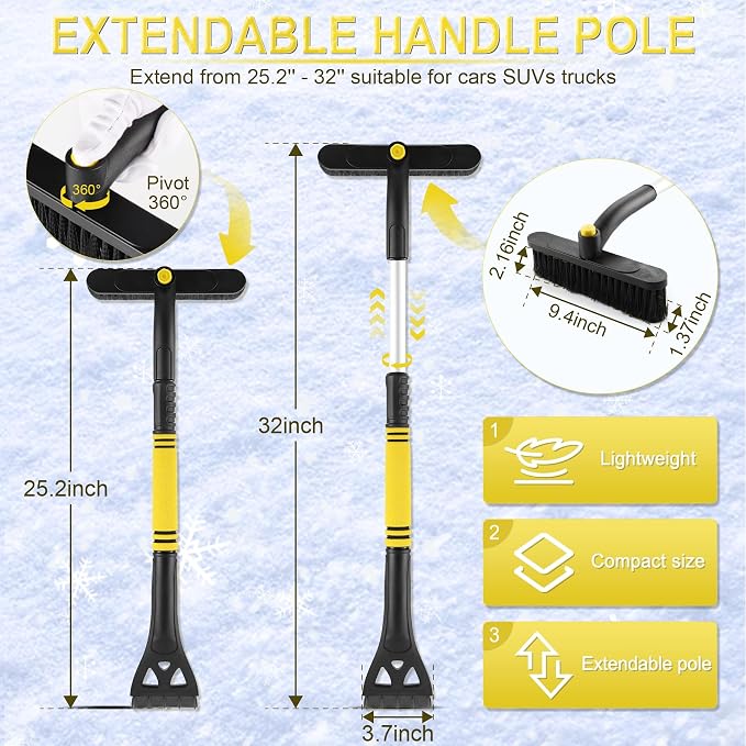 32" Extendable Ice Scraper & Snow Brush for Car Windshield, 360° Rotating Snow Removal Tool for Cars, Trucks & SUVs, Automotive Winter Essentials & Car Accessories for Men, Yellow
