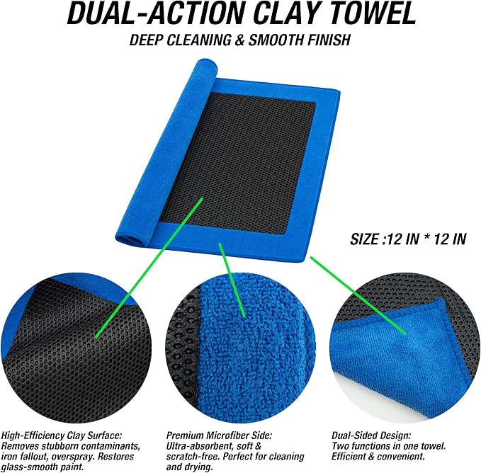 Clay Towel - Auto Detailing Clay bar Towel - Decontaminate Paint and Glass for Smoth Washing - Improve Wax and Sealant Bonding, Enhance Gloss and Color Depth - 3 Pcs 12" x 12"（Blue） (Blue)