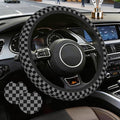Chessboard Steering Wheel Cover,Black Grey Checkered Universal 15" Elastic Car Steering Wheel Cover with 2 PCS Car Coasters,Anti-Slip Breathable Accessories for Auto,SUVs,Truck