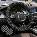 Chessboard Steering Wheel Cover,Black Grey Checkered Universal 15" Elastic Car Steering Wheel Cover with 2 PCS Car Coasters,Anti-Slip Breathable Accessories for Auto,SUVs,Truck