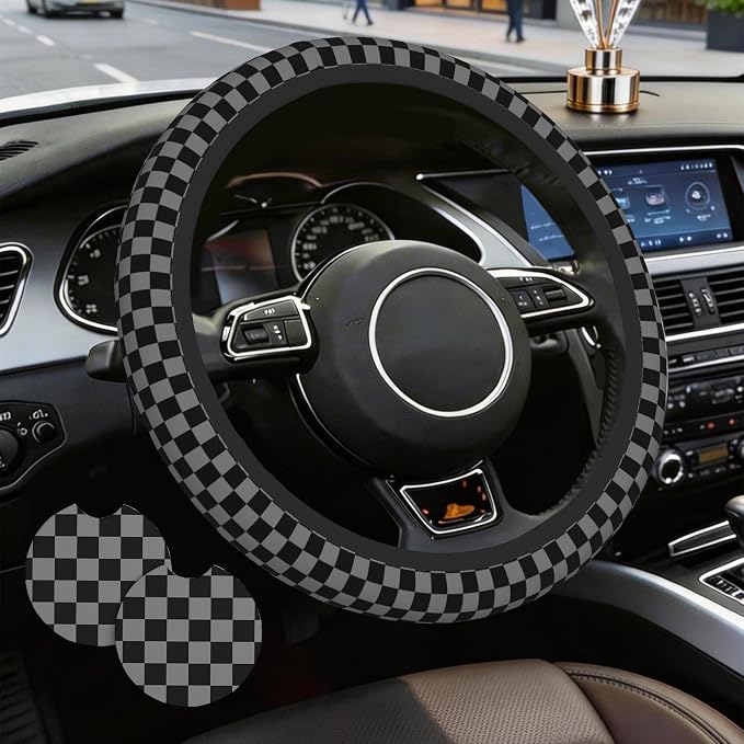 Chessboard Steering Wheel Cover,Black Grey Checkered Universal 15" Elastic Car Steering Wheel Cover with 2 PCS Car Coasters,Anti-Slip Breathable Accessories for Auto,SUVs,Truck