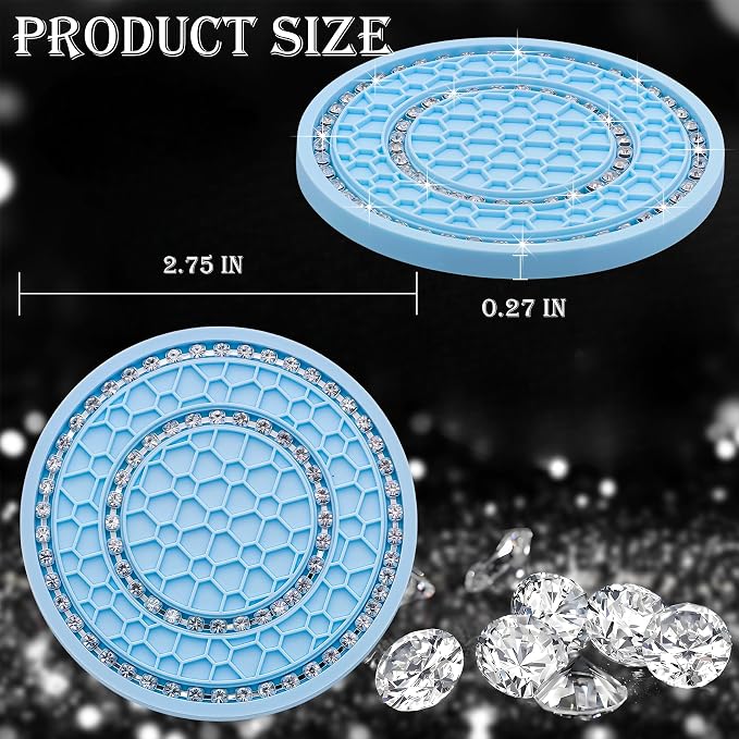 2PCS Bling Crystal Rhinestone Cup Holder Coaster, 2.75 inch Soft Silicone Anti-Slip Shockproof, Car Cup Holder Insert Coasters, Universal Car Interior Accessories for Women (Light Blue & White)
