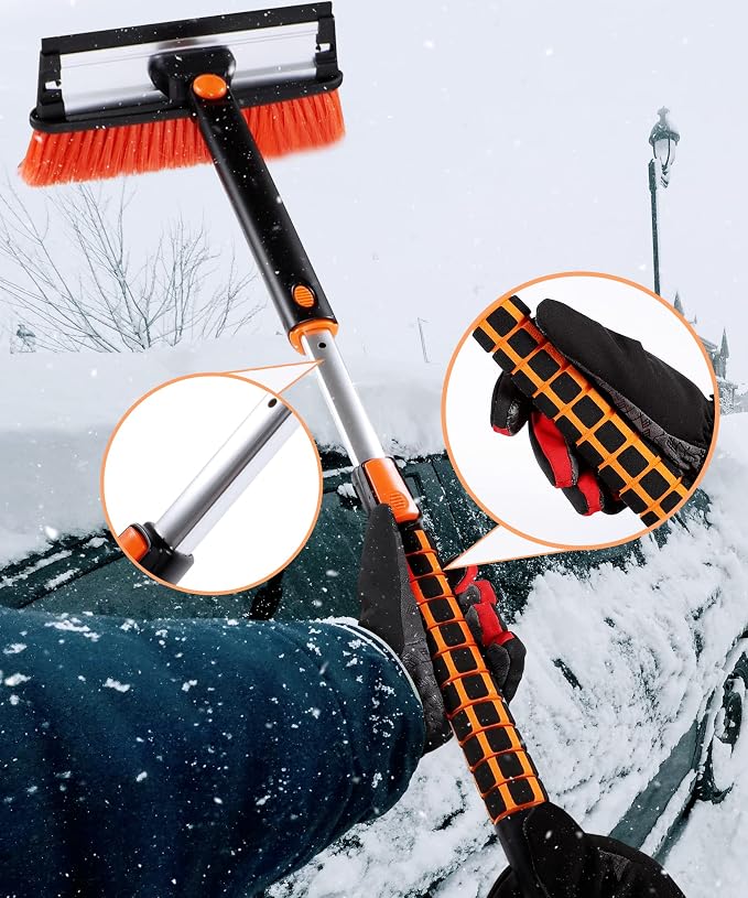 Car Snow Brush with Ice Scraper and Squeegee 3 in 1, 50" Extendable Cleaning Kit Long Handle, Windshield Snow Removal Tool Scratch Free, SUV Truck RV Window Roof Exterior Wash Supplies, Orange
