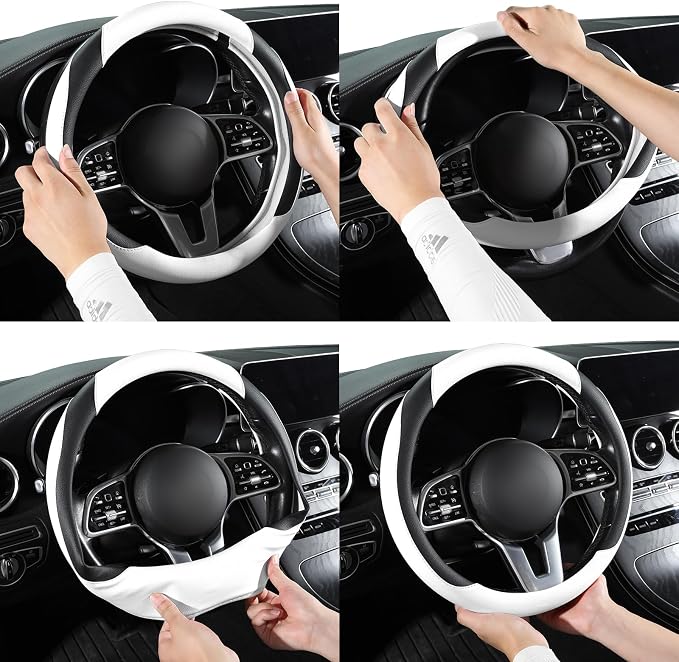 Car Steering Wheel Cover, Microfiber Leather Steering Wheel Cover Universal Fit 14.5-15 inch Anti-Slip Comfortable Breathable Car Wheel Protector for Men Women,White