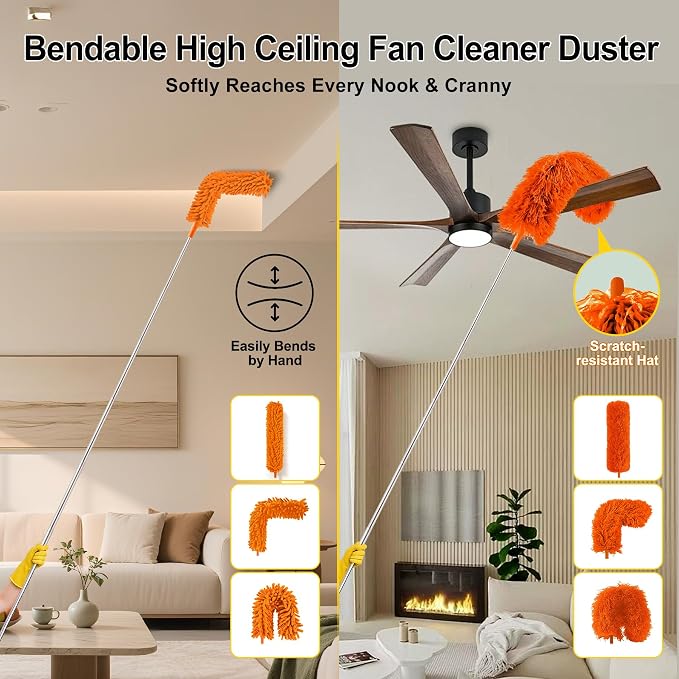 5-in-1 Duster with Extension Pole 100” Extendable Dusters for Cleaning Reusable Anti-Spin Dusting Kits for High Ceiling Fans, Cobwebs & Vents, Reinforced Stainless Steel Telescopic Handle