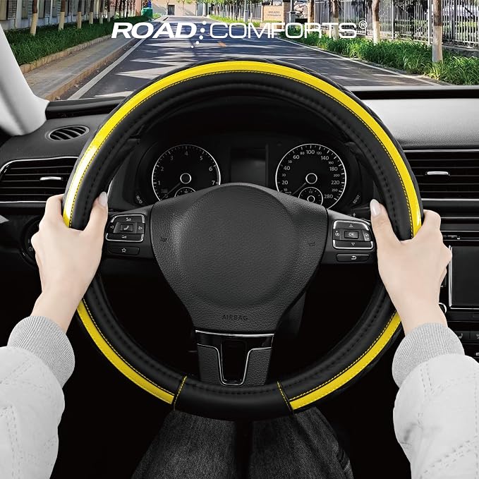 Leather Steering Wheel Cover – Black & Yellow, Universal Fit 14.5-15 Inch, Microfiber Leather, Anti-Slip & Breathable Design for Men and Women